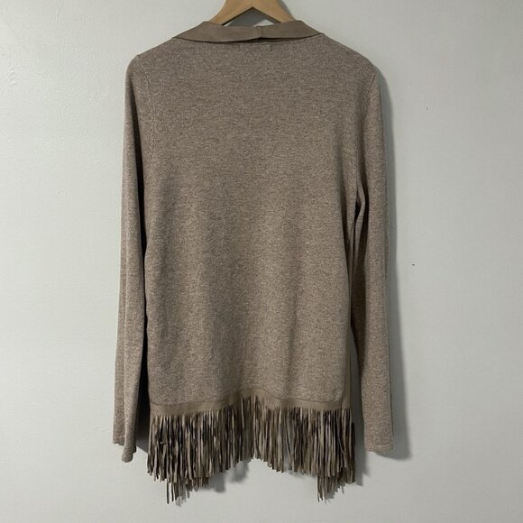 Dolce Cabo Tan Angora Microsuede Fringe Classic Waterfall Cardigan Sweater M NWT - Picture 2 of 8